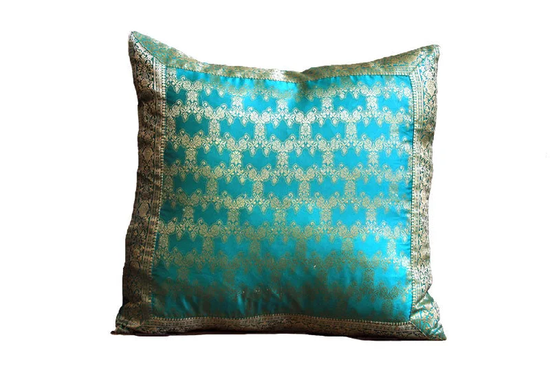 Bolster Pillows for Sofa DecorationIndian Sari Fabric Fatima Aqua Pillow Cover on sale