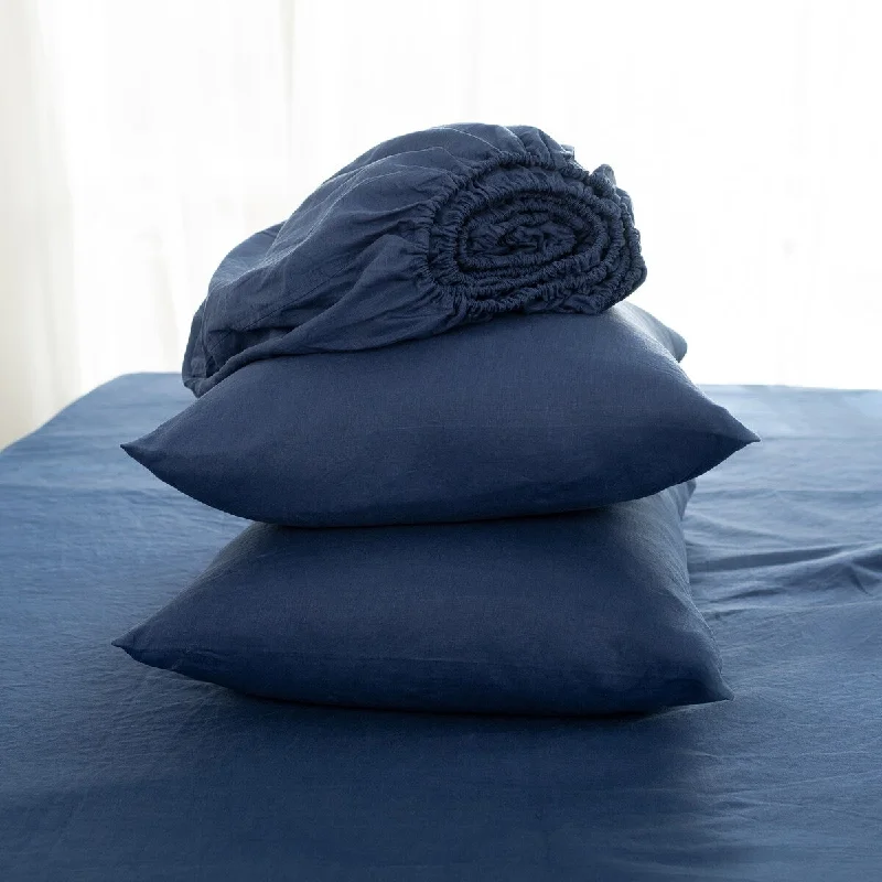 Queen - Size Sheet Sets with a European Pillowcase SetNative Linum Linen Bedding Set of 4, Navy Queen - Size Sheet Sets with a European Pillowcase SetNative Linum Linen Bedding Set of 4, Navy