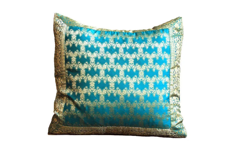 Round Pillows for Boho-Style InteriorsIndian Sari Fabric Turquoise Fatima Pillow Cover on sale