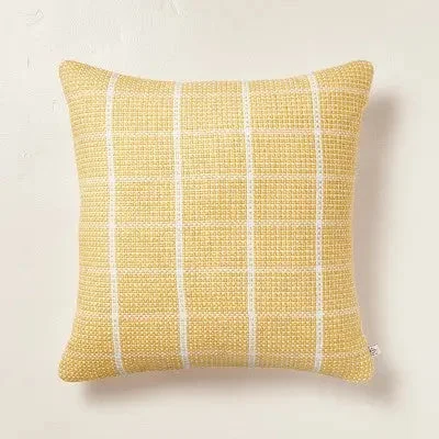 Soft and Fluffy Pillows for Bedroom Comfort18"x18" Textured Grid Lines Indoor/Outdoor Square Throw Pillow Gold/Cream - Hearth & Hand with Magnolia
