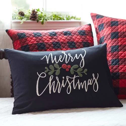 Kids Pillows with Fun DesignsMerry Christmas Embroidered Black Linen Pillow