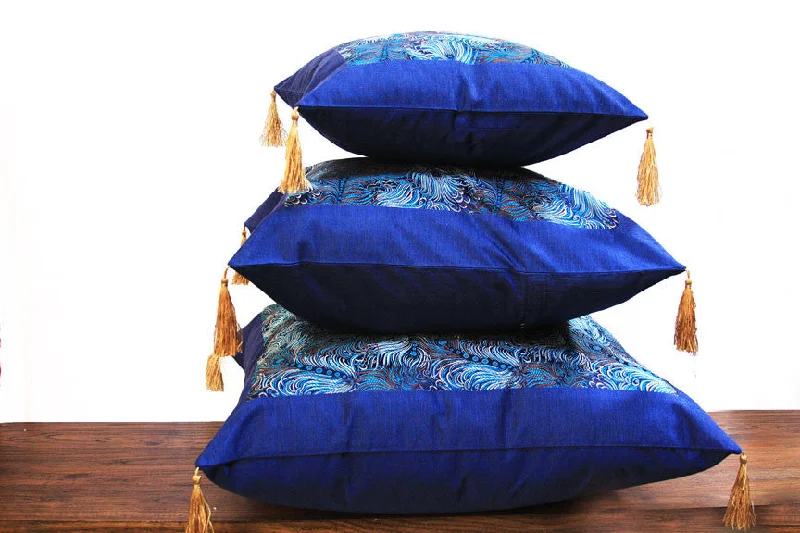 Bolster Pillows for Sofa DecorationBlue Art Silk Border with Chinese Style Jacard Inset