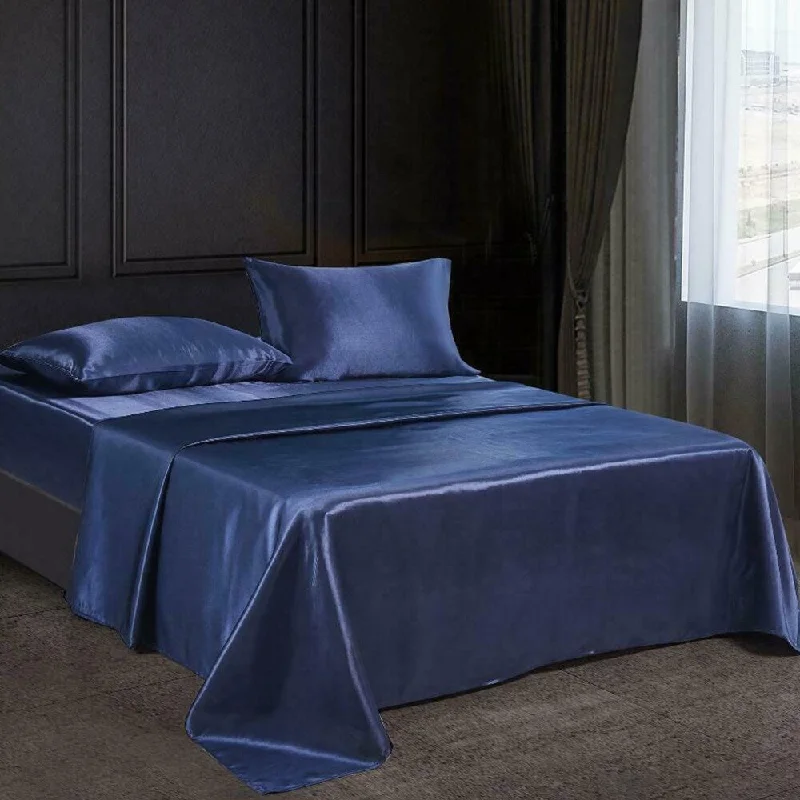 Sheet Sets with Multiple Pillowcase Options4 PC Satin Silky Soft Bed Sheet Set King Fitted Pillow Cases Navy Sheet Sets with Multiple Pillowcase Options4 PC Satin Silky Soft Bed Sheet Set King Fitted Pillow Cases Navy