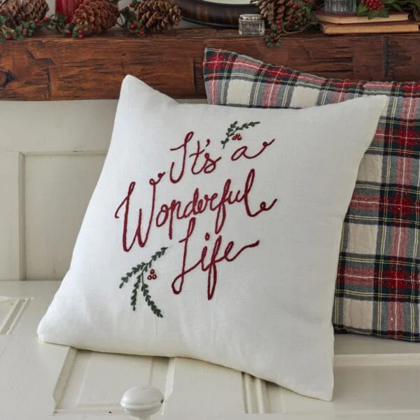 Down Alternative Pillows for Ethical ChoicesWonderful Life Embroidered Linen Pillow Cream