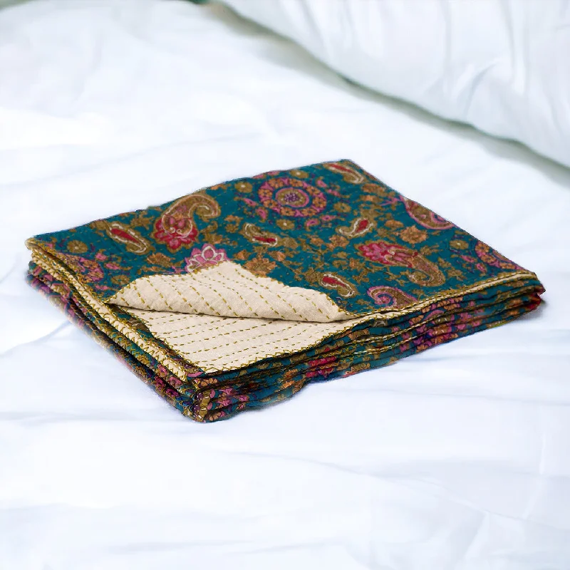 Cotton blankets for breathability and a lightweight feel50" X 70" Green and Pink Kantha Cotton Paisley Throw Blanket with Embroidery Cotton blankets for breathability and a lightweight feel50" X 70" Green and Pink Kantha Cotton Paisley Throw Blanket with Embroidery