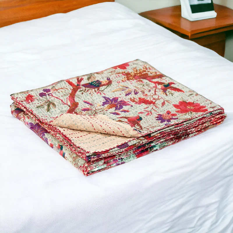 King - size blankets to cover large beds comfortably50" X 70" Pink and Ivory Kantha Cotton Floral Throw Blanket with Embroidery King - size blankets to cover large beds comfortably50" X 70" Pink and Ivory Kantha Cotton Floral Throw Blanket with Embroidery