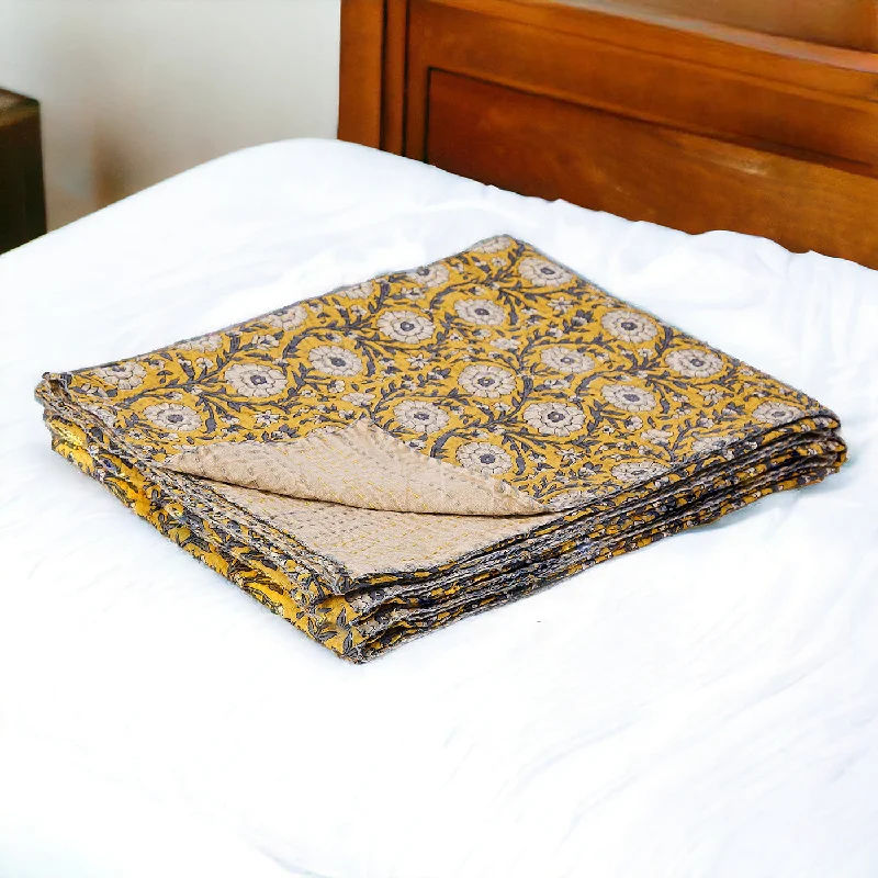 Queen - size blankets for standard - sized beds50" X 70" Yellow and Gray Kantha Cotton Floral Throw Blanket Queen - size blankets for standard - sized beds50" X 70" Yellow and Gray Kantha Cotton Floral Throw Blanket