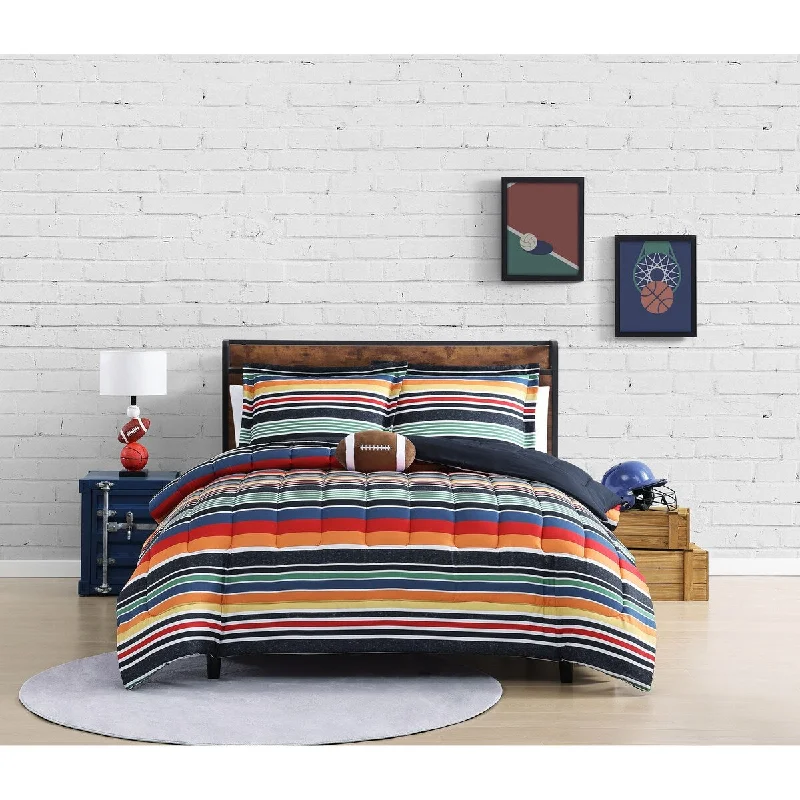 Microfiber - filled comforters that are lightweight and easy to care forALEX + BELLA Sportset Stripe Black Multi Soft Microfiber Comforter Set Microfiber - filled comforters that are lightweight and easy to care forALEX + BELLA Sportset Stripe Black Multi Soft Microfiber Comforter Set
