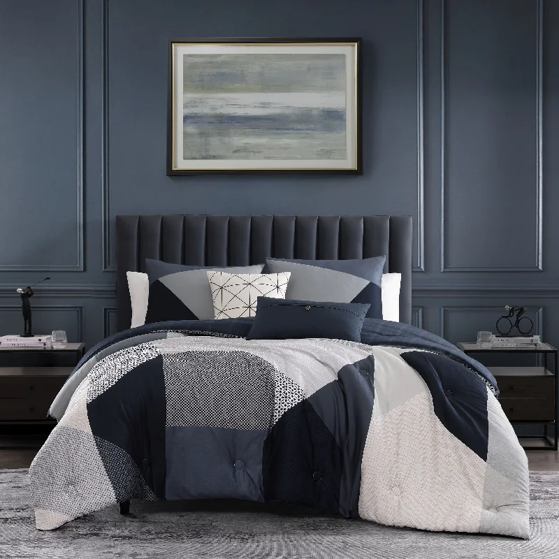 Latex - filled comforters with a bouncy texture and good supportBebejan Geo Fusion 200 Thread Count 100% Cotton Sateen 5 Piece Reversible Comforter Set