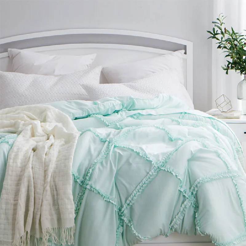 Cotton - filled comforters for a breathable and natural sleep experienceBYB Hint of Mint Gathered Ruffles Handcrafted Series Comforter (Shams Not Included) Cotton - filled comforters for a breathable and natural sleep experienceBYB Hint of Mint Gathered Ruffles Handcrafted Series Comforter (Shams Not Included)