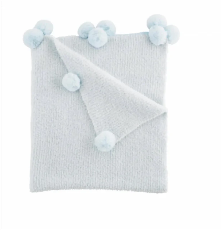Recycled polyester blankets for an eco - conscious optionChenille Pom Blanket In Blue Recycled polyester blankets for an eco - conscious optionChenille Pom Blanket In Blue