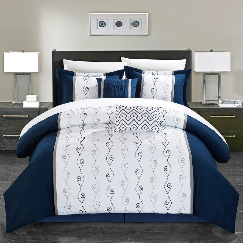 Latex - filled comforters with a bouncy texture and good supportChic Home Yohan Navy Color Block Embroidered 6 Piece Comforter Set Latex - filled comforters with a bouncy texture and good supportChic Home Yohan Navy Color Block Embroidered 6 Piece Comforter Set