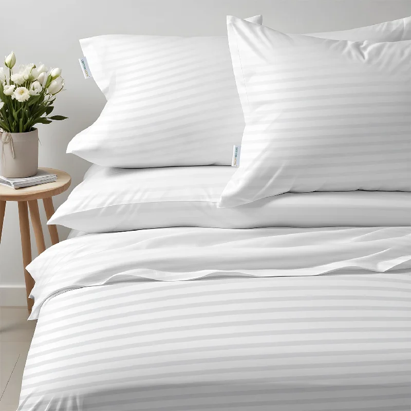Geometric - patterned duvet covers for a modern and stylish lookPremium High Quality Cotton 250TC Queen Stripe 6 Piece Duvet Cover Set 220x240cm White Geometric - patterned duvet covers for a modern and stylish lookPremium High Quality Cotton 250TC Queen Stripe 6 Piece Duvet Cover Set 220x240cm White
