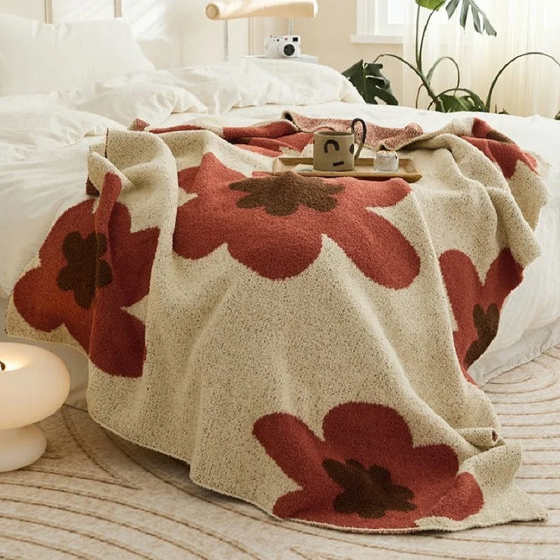 Recycled polyester blankets for an eco - conscious optionCozy Earth Tone Floral Blanket / Red + Beige Recycled polyester blankets for an eco - conscious optionCozy Earth Tone Floral Blanket / Red + Beige