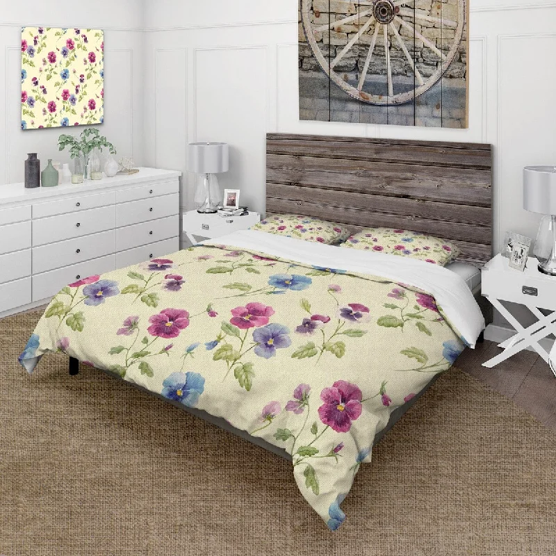 Queen - size comforters for standard queen - sized mattressesDesignart 'Pink and Blue Pansy Flowers I' Traditional Duvet Cover Comforter Set