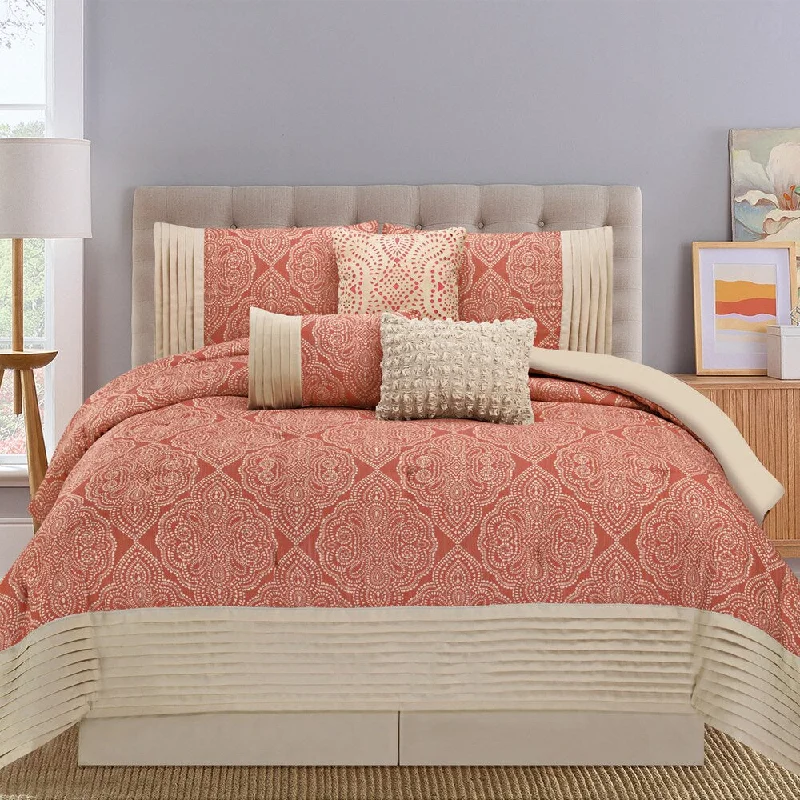 Full - size comforters suitable for full - sized beds in guest rooms or small bedroomsMontpellier Coral and Tan 7-piece Comforter Set Full - size comforters suitable for full - sized beds in guest rooms or small bedroomsMontpellier Coral and Tan 7-piece Comforter Set