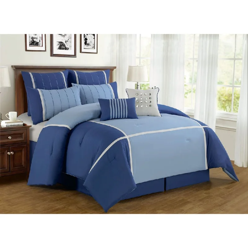 Goose down comforters known for their superior quality and insulationOversized and Overfilled 8-Piece Stitched Blue Polyester Comforter Set