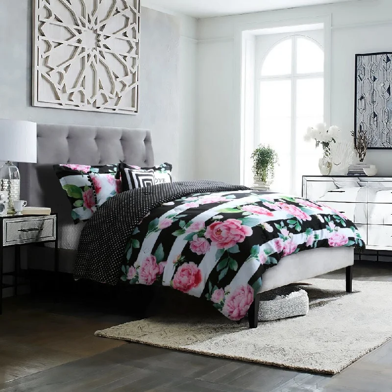 Cotton - filled comforters for a breathable and natural sleep experienceStudio8 brand - LOVE Printed 6-Piece Comforter Set - hand-painted floral and stripe in pink, green, white and bold black Cotton - filled comforters for a breathable and natural sleep experienceStudio8 brand - LOVE Printed 6-Piece Comforter Set - hand-painted floral and stripe in pink, green, white and bold black