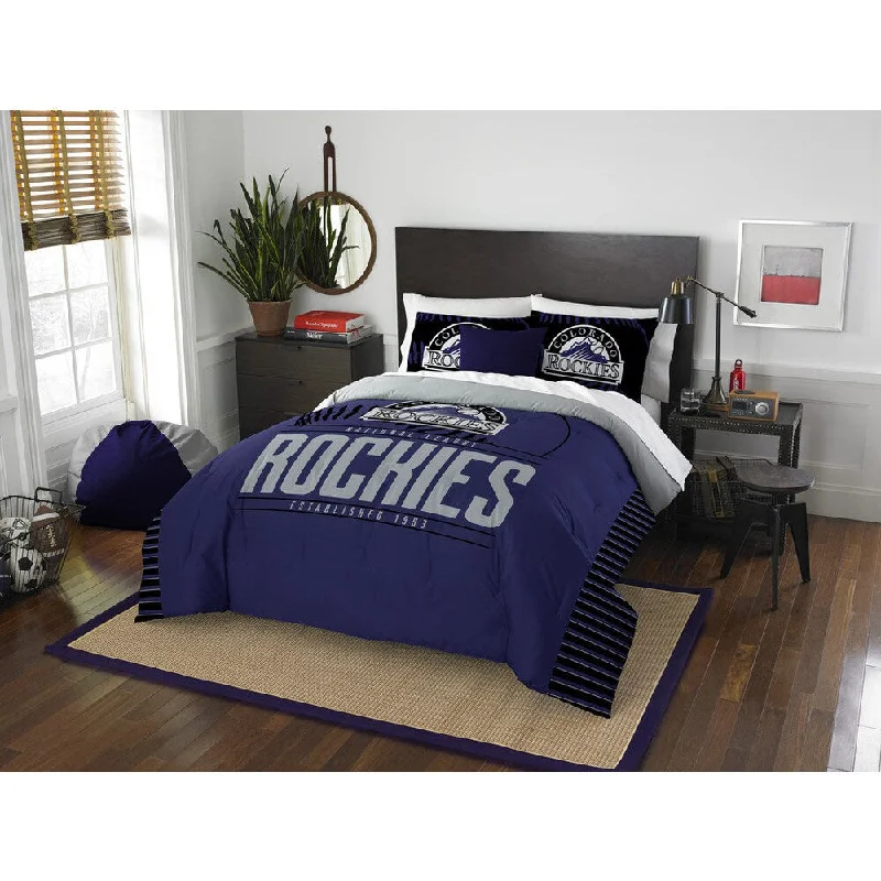 Wool - filled comforters with natural moisture - wicking and temperature - regulating featuresThe Northwest Co MLB Colorado Rockies Grandslam Blue Full/Queen 3-piece Comforter Set Wool - filled comforters with natural moisture - wicking and temperature - regulating featuresThe Northwest Co MLB Colorado Rockies Grandslam Blue Full/Queen 3-piece Comforter Set