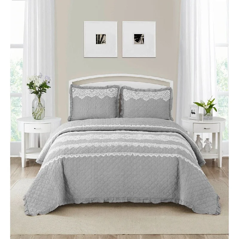 Synthetic - filled comforters like polyester for affordability and hypoallergenic propertiesWonder Home Duran 3PC Cotton Lace Embroidered Quilt Set, Queen, Grey Synthetic - filled comforters like polyester for affordability and hypoallergenic propertiesWonder Home Duran 3PC Cotton Lace Embroidered Quilt Set, Queen, Grey