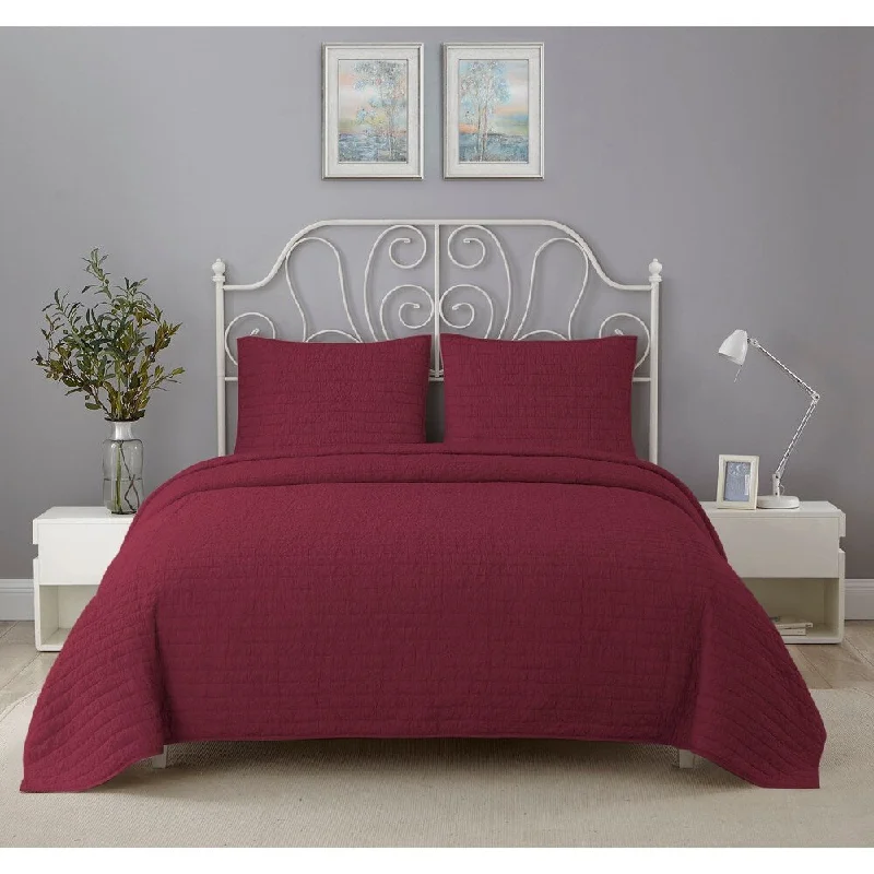 Microfiber - filled comforters that are lightweight and easy to care forWonder Home Lawrence 3PC Crinkle Solid Quilt Set, Queen, Claret Microfiber - filled comforters that are lightweight and easy to care forWonder Home Lawrence 3PC Crinkle Solid Quilt Set, Queen, Claret